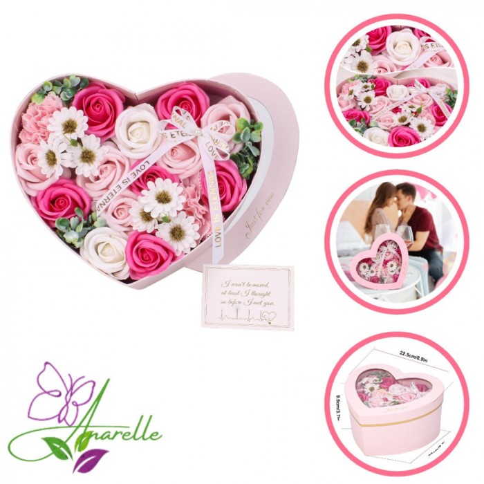 Buchet de Flori de Sapun Parfumate in forma de inima (22 cm x 20 cm x 9 cm) Cadou Elegant si Unic pentru Mama, Iubita, Colega, Sora, Prietena, Bunica,