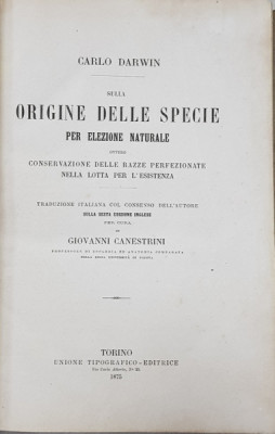 SULLA ORIGINE DELLE SPECIE PER ELEZIONE NATURALE di CARLO DARWIN , 1875 foto