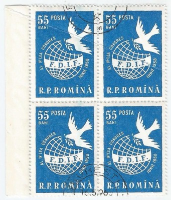 Romania, LP 455/1958, Al IV-lea Congres FDIF, Viena, bloc 4, oblit. foto