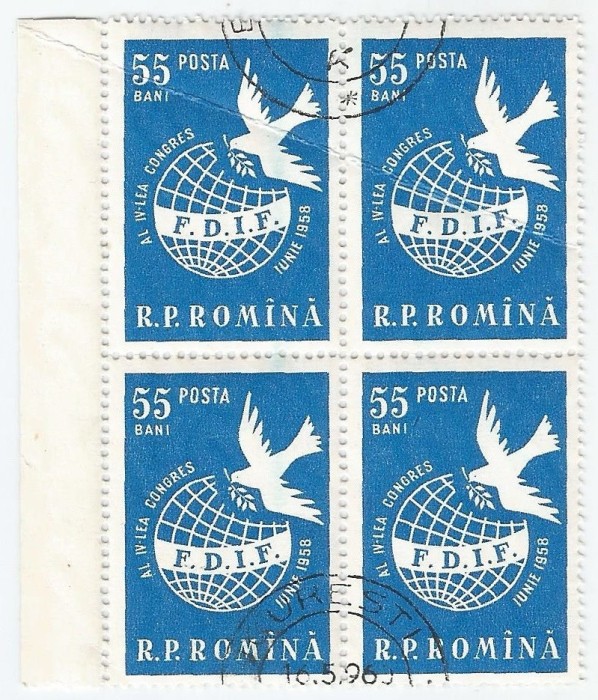 Romania, LP 455/1958, Al IV-lea Congres FDIF, Viena, bloc 4, oblit.