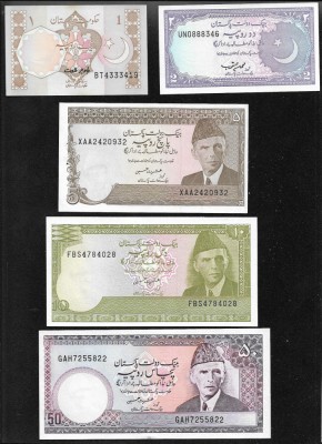 Set Pakistan 1 + 2 + 5 + 10 + 50 rupii rupees aunc unc foto