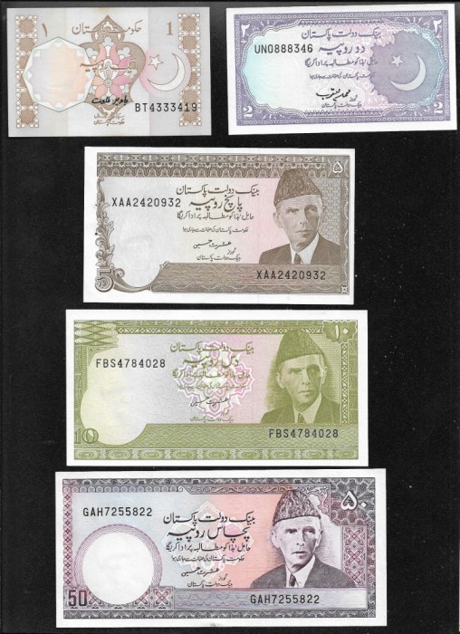 Set Pakistan 1 + 2 + 5 + 10 + 50 rupii rupees aunc unc