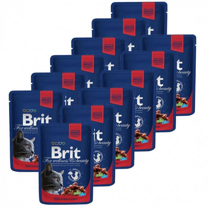 Pliculeț BRIT Premium Cat Carne de vită și mazăre 12 x 100 g