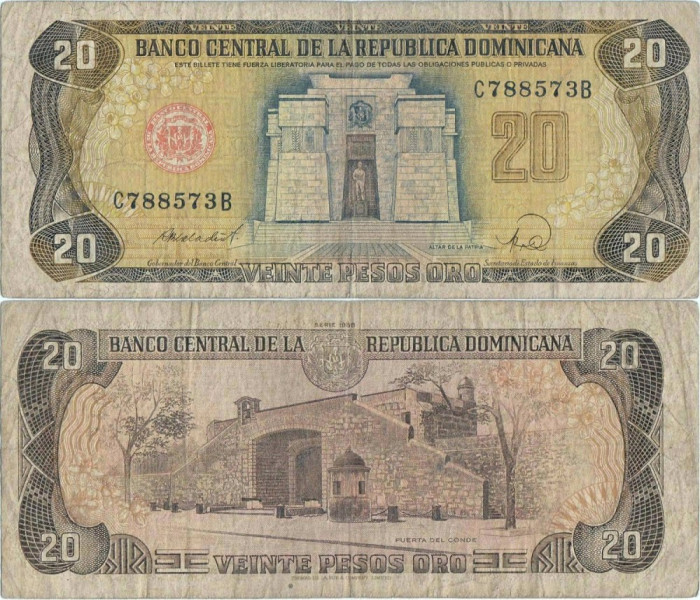 1988 , 20 pesos oro ( P-120c.3 ) - Republica Dominicană