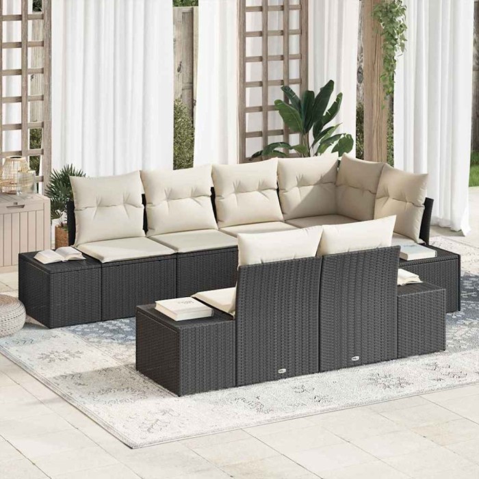 vidaXL Set de canapele pentru grădină 7 pcs negru și crem Rattan poli 3347097