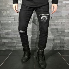Blugi pentru barbati, negri, slim fit, conici, casual, skinny, rupturi decorative discrete - 0046