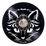 Ceas de perete decorativ Pisica Stilizata Tribal din disc vinil, Cadran Skeleton, Negru, 30 cm