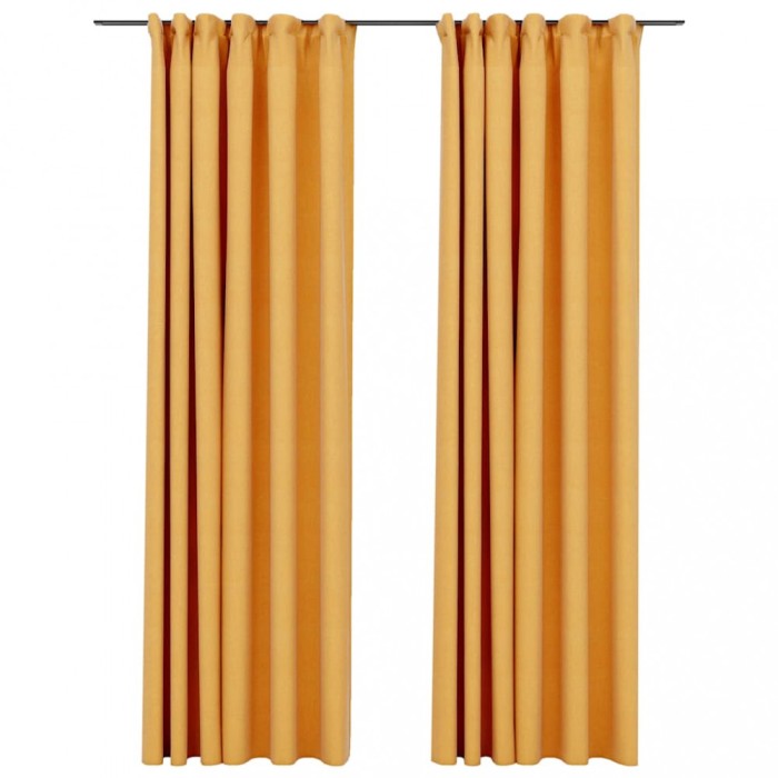 Perdele opace aspect panza, carlige, 2 buc. galben, 140x225 cm