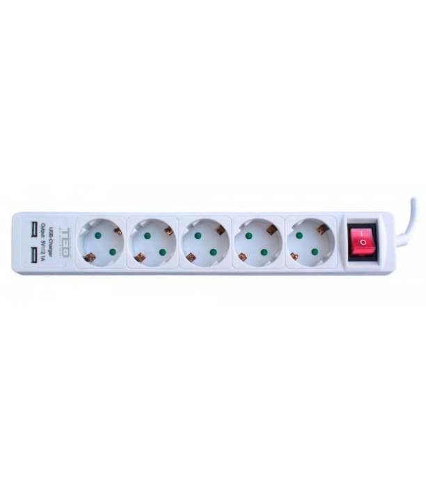 Prelungitor 5m 5 prize Schuko +2 iesiri USB 2.1A +intrerupator 3x1mm 10A 2300W TED