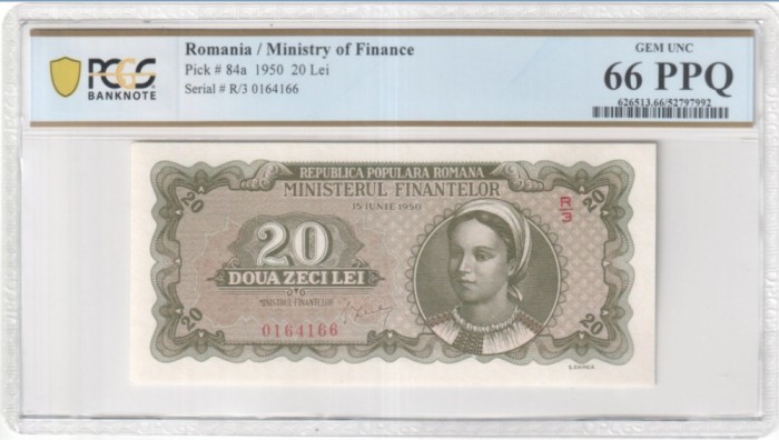 20 lei 1950 PCGS66 UNC bancnota gradata