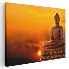 Tablou canvas statuie Buddha la apus, portocaliu, galben 1196 Tablou canvas pe panza CU RAMA 20x30 cm