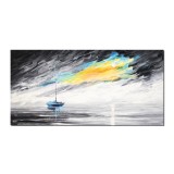 Tablou pictat manual, Peisaj marin cu velier, 120x60cm ulei pe panza in cutit efect 3D, gata de expus pe perete