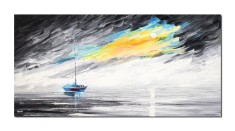 Tablou pictat manual, Peisaj marin cu velier, 120x60cm ulei pe panza in cutit efect 3D, gata de expus pe perete