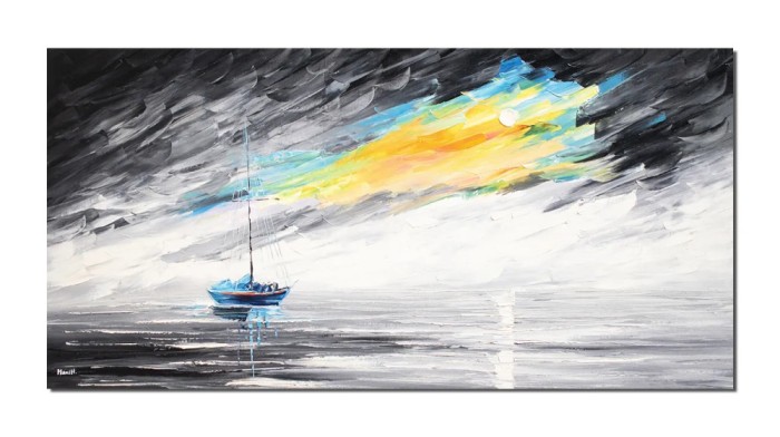 Tablou pictat manual, Peisaj marin cu velier, 120x60cm ulei pe panza in cutit efect 3D, gata de expus pe perete