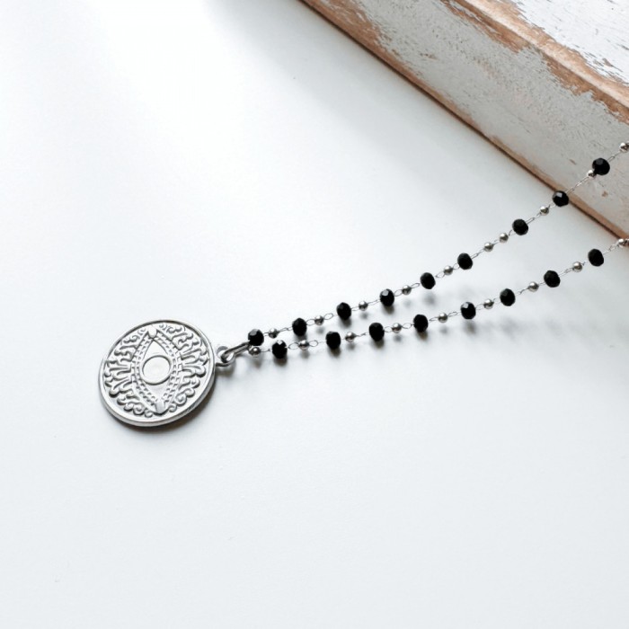 Colier Evil Eye din otel inoxidabil cu cristale negre - Protectie energii negative