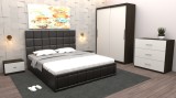 Dormitor Regal cu Pat Tapitat Negru imitatie piele cu dulap usi glisante Wenge fara oglinda si cu comoda Tv