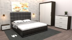 Dormitor Regal cu Pat Tapitat Negru imitatie piele cu dulap usi glisante Wenge fara oglinda si cu comoda Tv foto