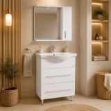 Set mobilier baie cu lavoar ceramic, GN1871, front MDF, un sertar, o usa, 65 cm, picioare cromate reglabile, manere cromate si oglinda cu dulap GN0001
