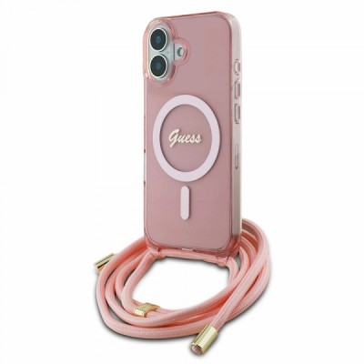Husa MagSafe pentru Apple iPhone 16, Guess, IML Crossbody Cord Script, Roz foto