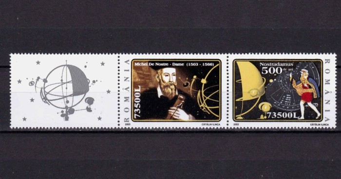 ✅ RO 2003/LP 1614 a ,&quot;500 ani Nostradamus&quot; serie si vinieta stanga / triptic , MNH