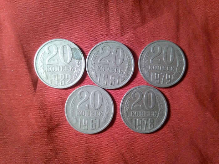 5 Monede URSS 20 kopeici : 1961 ,1978 ,1979, 1981 ,1982 , cal. buna si f.buna