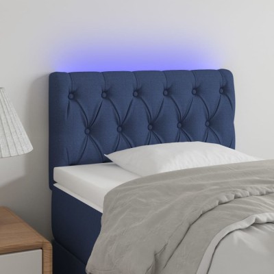 vidaXL Tăblie de pat cu LED, albastru, 80x7x78/88 cm, textil foto