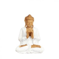 Statueta sculptata manual din lemn Suar Enlightened Buddha White