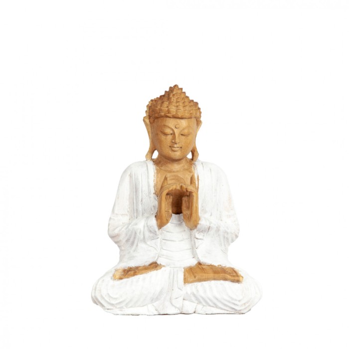 Statueta sculptata manual din lemn Suar Enlightened Buddha White