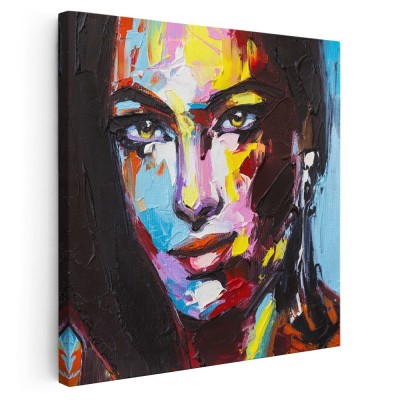 Tablou portret pictura in ulei femeie, multicolor 1392 Tablou canvas pe panza CU RAMA 40x40 cm foto
