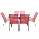 Set masa dreptunghiulara, cu 6 scaune, pentru gradina, din metal cu textilen-rosu, Inovius