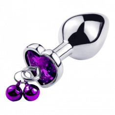 Dop Anal Small Heart Shape cu Clopotei Ring My Bells, Metal, Argintiu/Mov, 7 cm, Passion Labs