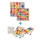Cumpara ieftin Pachet activitati extra educative din lemn pentru copii, tabla alfabet, tabla numere si operatii, joc X si 0, puzzle Tetris si xilofon