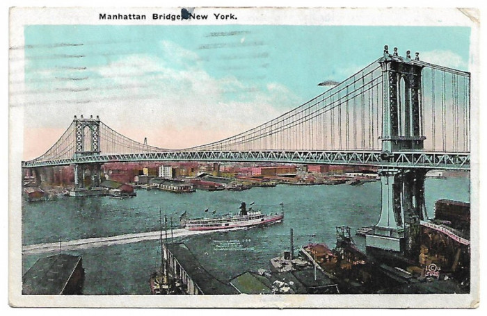 Carte postala circulata SUA 14 Iulie 1924 Manhattan Bridge - New York