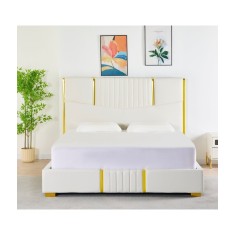 Pat Tapițat Piele Sintetica Alb Cod LB-215 160x200 cm, Somiera +&nbsp;Saltea&nbsp;160x200