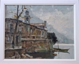 Dardo Gattelli-Clădiri vechi pe malul lacului, pictor italian licitat, Peisaje, Ulei, Impresionism