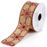 Panglică Decorativă Crăciun, Bej cu Fulg Roșu, 5m x 38mm, Poliester, Oem