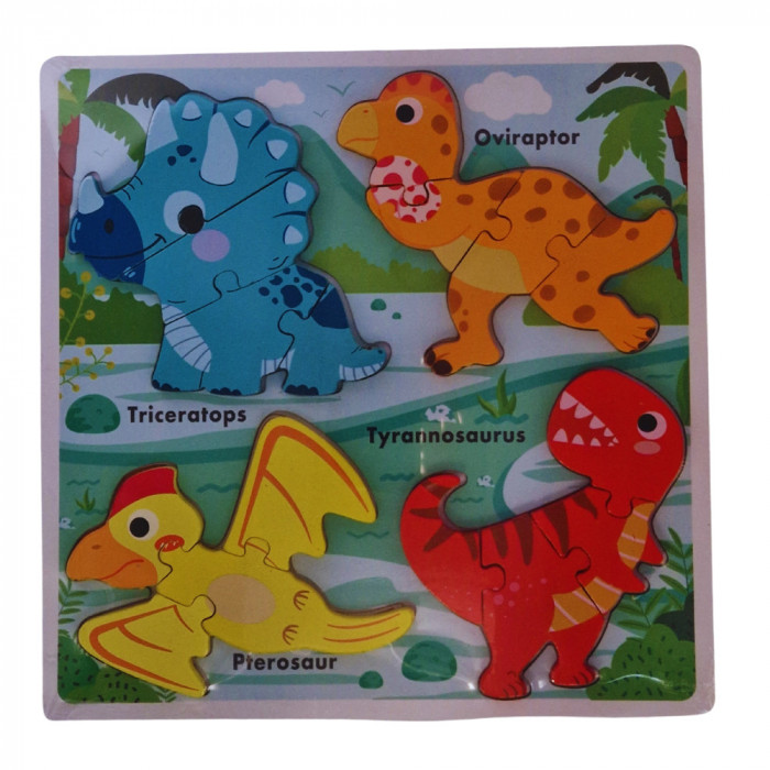 Puzzle educativ incastru Montessori cu dinozauri, Onore, multicolor, lemn, 29.5 x 29.5 x 1 cm, 16 pi