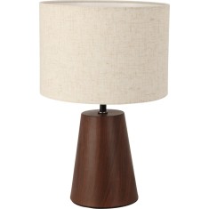 Lampa de masa decorativa cu abajur textil si baza efect lemn