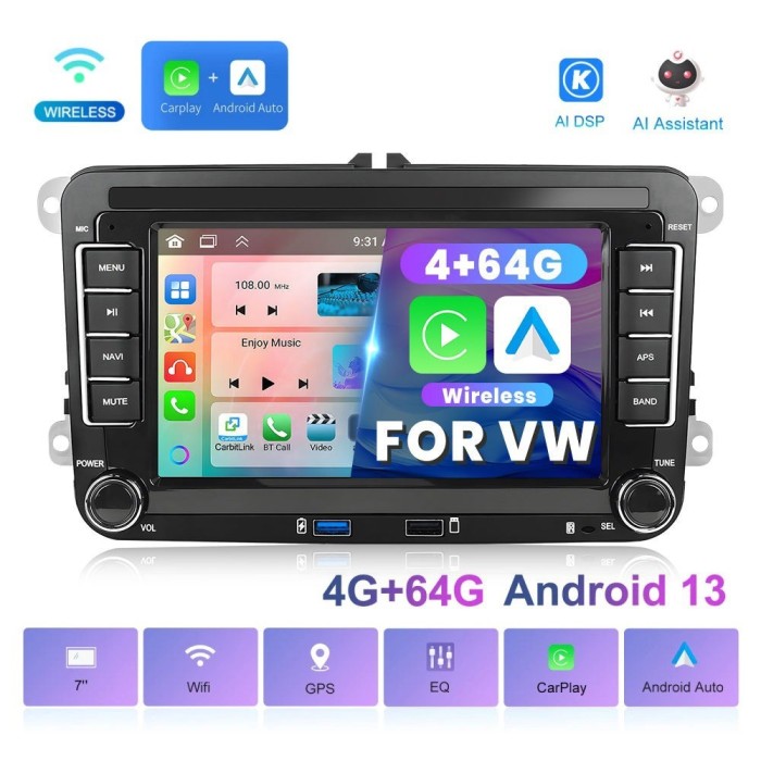Navigatie Android dedicata Volkswagen, Skoda, Seat, Golf, Passat, Octavia, etc. 7" IPS Touchscreen, 4GB RAM, 64GB ROM, Octa Core, Carplay Wireless, Mi