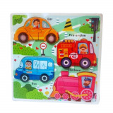 Puzzle educativ incastru Montessori cu vehicule, Onore, multicolor, lemn, 29.5 x 29.5 x 1 cm, 11 pie