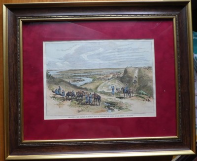 Cromolitografie de secol 19 ; Dorobanti romani pe platoul Tighina, Galati foto