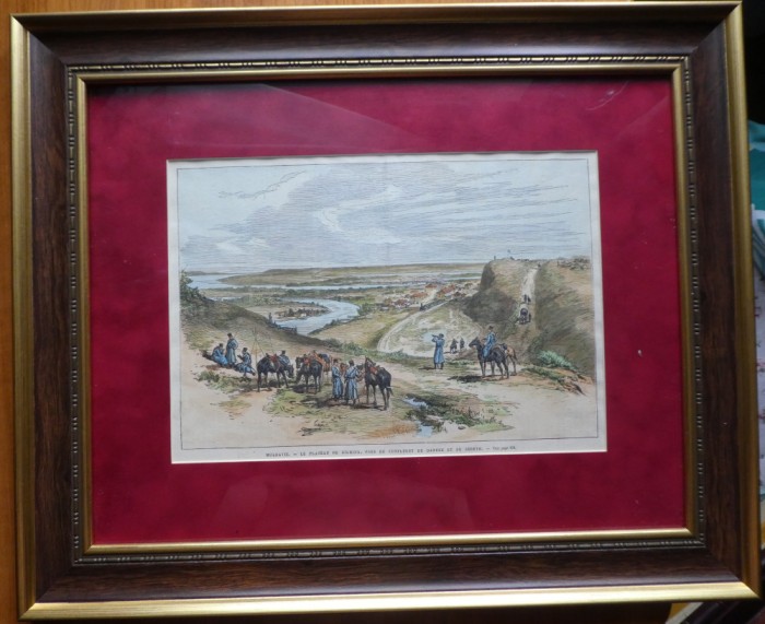 Cromolitografie de secol 19 ; Dorobanti romani pe platoul Tighina, Galati