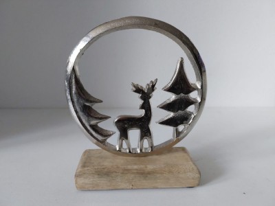 Cerb in padure, aluminiu, obiect decor pe suport lemn, vintage, 17cm foto