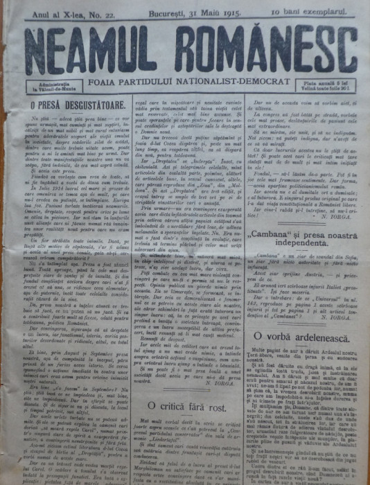 Ziarul Neamul romanesc , nr. 22 , 1915 , din perioada antisemita a lui N. Iorga