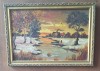 Tablou original &quot;Peisaj de iarnă la apus&quot; &ndash; semnat C. Barba &ndash; ulei pe carton, Peisaje, Realism