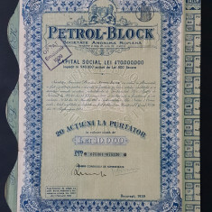 Actiune 1939 soc. Petrol block , titlu de 20 actiuni la purtator