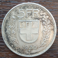 (A81) MONEDA DIN ARGINT ELVETIA - 5 FRANCS 1939, PATINA FRUMOASA