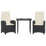 Set mobilier de gradina cu perne, 3 piese, negru, poliratan