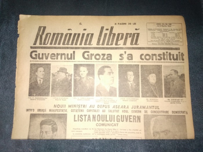 ZIAR ROMANIA LIBERA 8 MARTIE 1945 GUVERNUL PETRU GROZA
