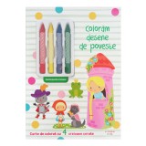 Coloram desene de poveste. Carte de colorat cu 4 creioane cerate